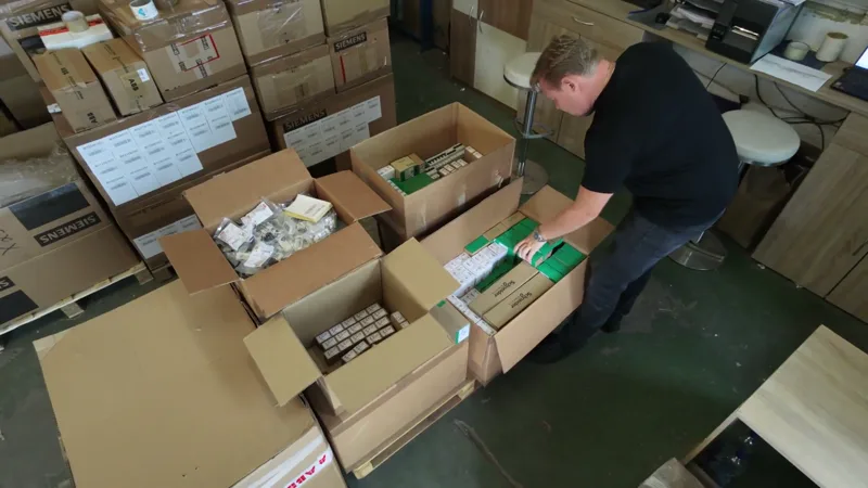 Wareneingang im ZWOD-Lager Berlin: Prüfung geöffneter Kartons mit Pepperl+Fuchs- und Siemens-Ware